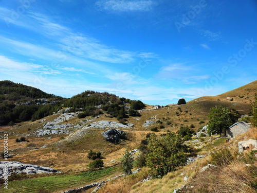 Rural landscape with rocky hills, scattered trees, and traditional stone houses under a clear blue sky in Dolovi, Montenegro. Ideal for travel brochures, nature backgrounds, or cultural tourism ads. photo