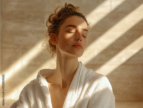 portrait of a young woman in a white robe in a spa sauna