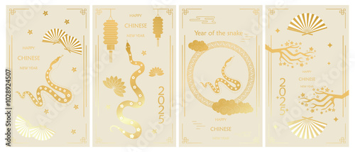 Big Chinese traditional New Year backgrounds with snake flowers pattern, clouds, lanterns, fan, Chinese ornaments and vintage golden oriental Chinese border frames. Vertical vector posters