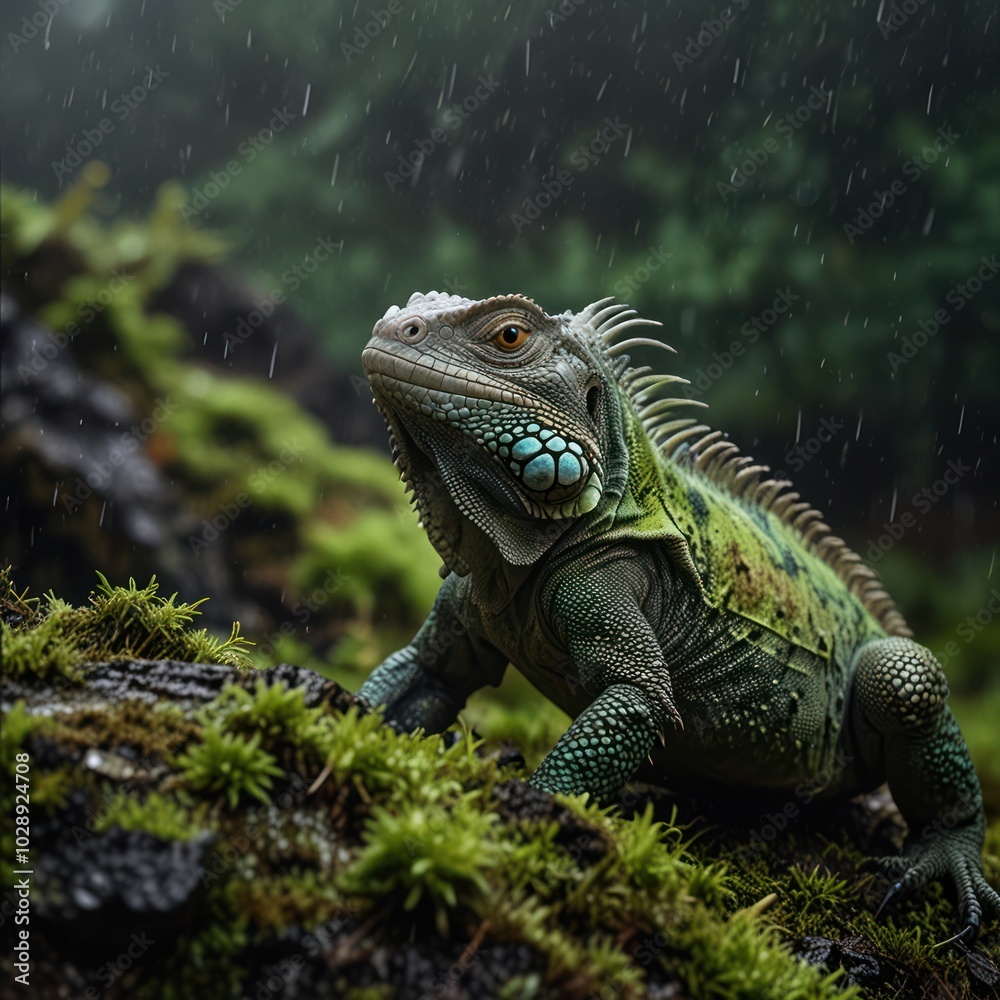 Fototapeta premium A green iguana sits on moss-covered rocks in the rain, looking up with a curious expression.