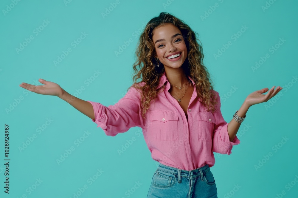Isolated on cyan color background, a lovely teen lady holds an empty space dressed in a stylish pink garment Isolated on cyan color background, a lovely teen lady holds an empty space dressed in a stylish pink garment
