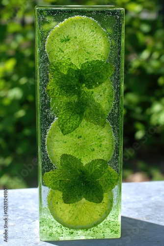 Un vaso elegante de agua mineral, adornado con rodajas de limón y hojas de menta flotando en su interior. La bebida se sirve en un ambiente soleado, sobre una mesa de patio con un fondo de plantas ver photo