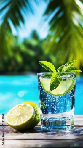 Un vaso elegante de agua mineral, adornado con rodajas de limón y hojas de menta flotando en su interior. La bebida se sirve en un ambiente soleado, sobre una mesa de patio con un fondo de plantas ver photo