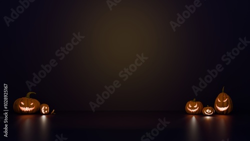 Dark background for Halloween festival, candles shining through smiling pumpkins. dark yellow wall, pumpkin, 3d illustration, helloween and simple wall