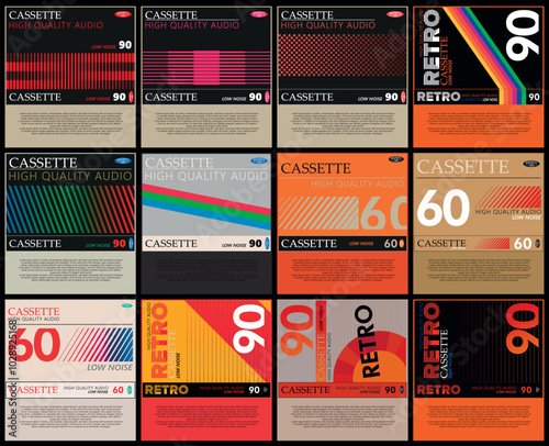set of 1980s Retro audio cassette cover art design, vector