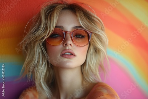 A stylish person with sunglasses poses against a vibrant, colorful background.