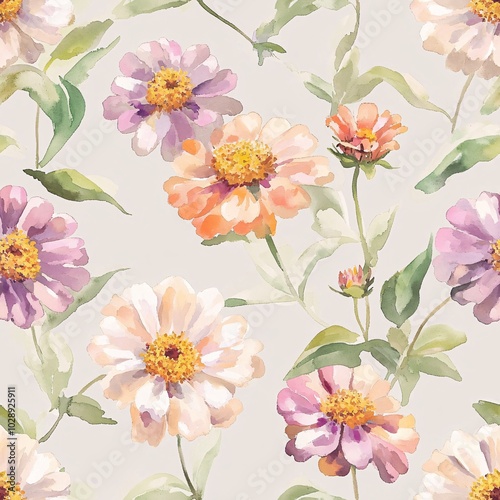 Soft Watercolor Zinnias in Pastel Hues Seamless Pattern