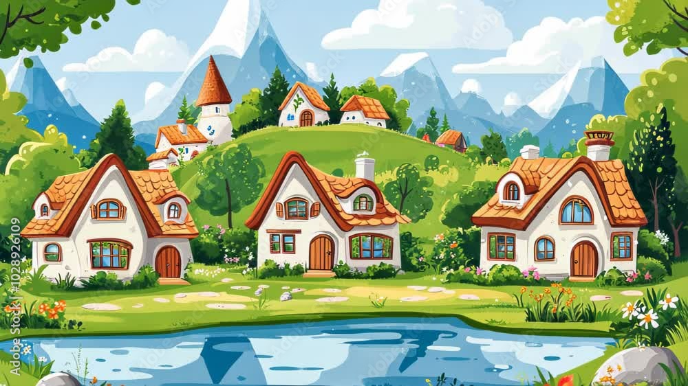 A charming village scene with cozy houses, a pond, and mountains in the background. A charming village scene with cozy houses, a pond, and mountains in the background.