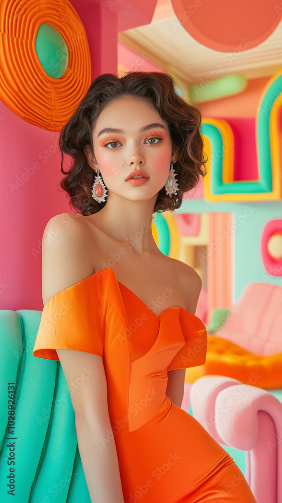 woman in a vibrant and colorful background with abstract shapes in ...