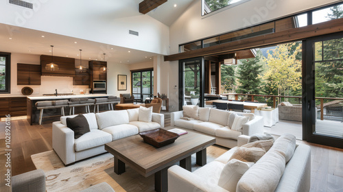 spacious modern living room featuring sleek furniture, large windows, and open layout that invites natural light. design combines comfort and style, perfect for relaxation