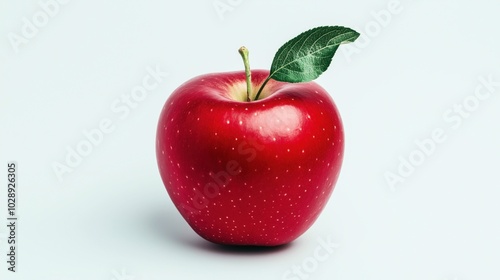 Close-up of a fresh red apple with a single green leaf against a white background