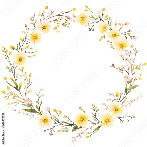 Beautiful floral wreath featuring delicate yellow flowers and green leaves, perfect for invitations and decorative designs.