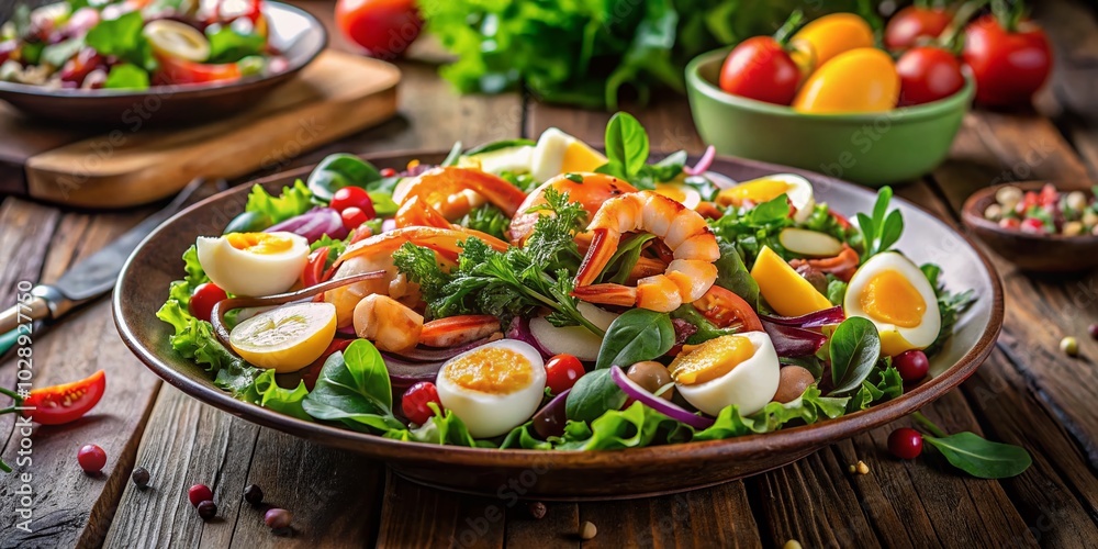 Fresh Prawn and Egg Salad on Rustic Wood Table - Delicious Seafood Recipe Fresh Prawn and Egg Salad on Rustic Wood Table - Delicious Seafood Recipe