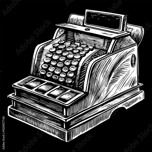 Vintage Cash Register Illustration Retro Mechanical Drawing in Black and White