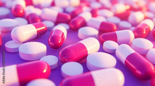 Colorful assortment of capsules and tablets scattered on a vibrant surface in a well-lit environment