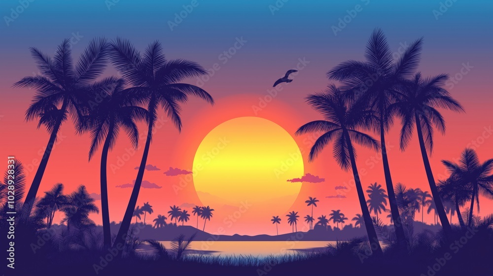 Silhouette of palm trees at tropical sunrise or sunset Silhouette of palm trees at tropical sunrise or sunset