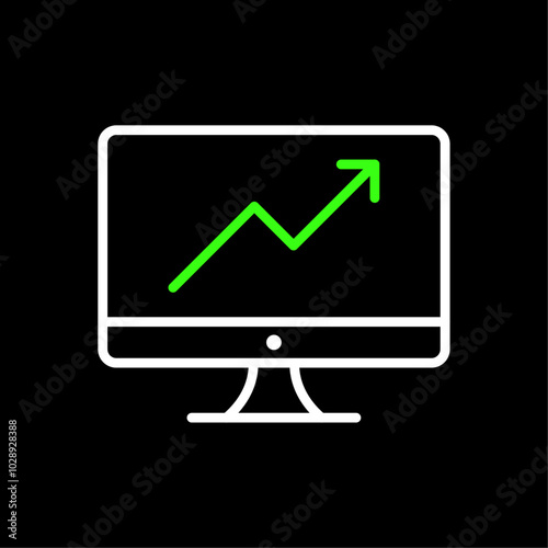 Portfolio chart on monitor screen, data analytics, online trading and investment concept icon in line style design for website, app, UI, isolated on black background. Editable stroke. Vector file.