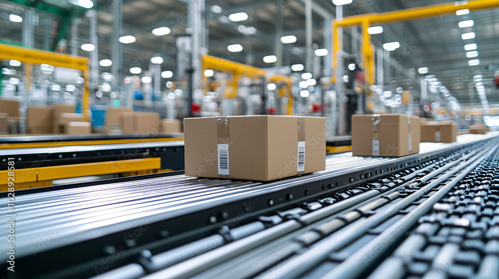 Automated order processing systems with conveyor belts efficiently transport packages in modern warehouse. organized layout enhances productivity and streamlines logistics Automated order processing systems with conveyor belts efficiently transport packages in modern warehouse. organized layout enhances productivity and streamlines logistics