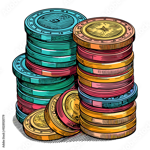 Stacked Colorful Coins in Vintage Comic Style Vector Illustration