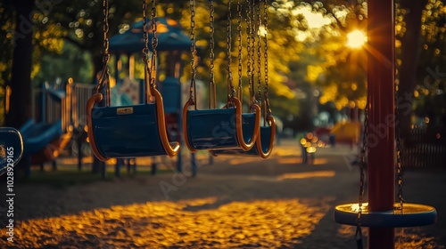 Vibrant Playground with Swings and Slides at Sunset