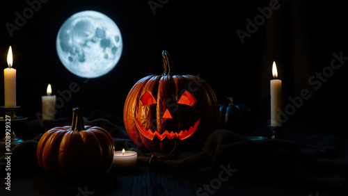 carved jack-o-lantern glows under a full moon photo