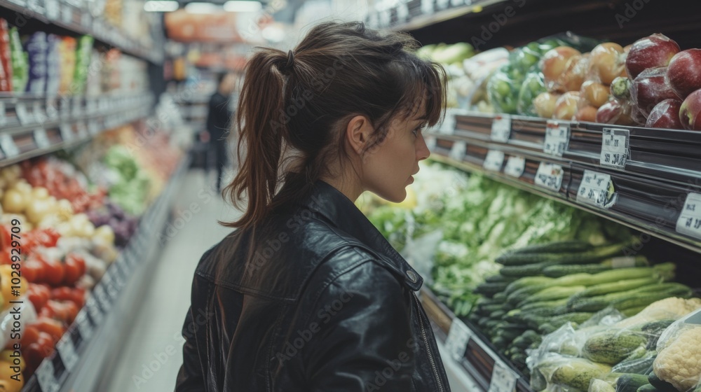 A young woman in a leather jacket examines fresh vegetables in a grocery store. The well-lit aisle is stocked with a variety of produce, showcasing colorful fruits and greens around her. A young woman in a leather jacket examines fresh vegetables in a grocery store. The well-lit aisle is stocked with a variety of produce, showcasing colorful fruits and greens around her.
