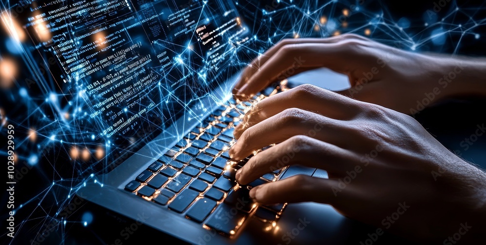 Fototapeta premium Concept depicting technology and software development. A coding programmer working on a laptop with a circuit board and javascript running on a virtual screen.