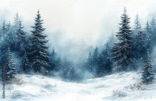 Happy Christmas and a prosperous New Year greeting background with copy-space. Beautiful winter landscape with trees coated in snow.