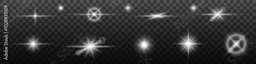 Stars and sunlight isolated set. Bright white explosions with magical sparks and starlight for blazing sun and luminaries with geometric vector blur