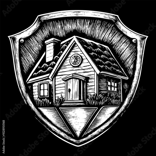Vintage Woodcut House Emblem on Shield Background Black and White Vector Illustration