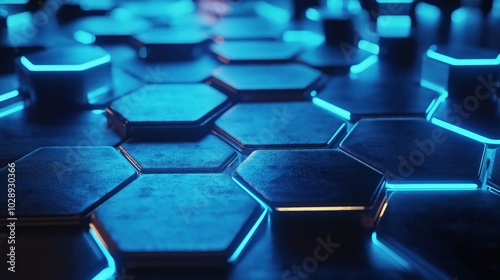 3D-rendered futuristic abstract background, overlapping hexagons outlined by bright blue neon lights photo