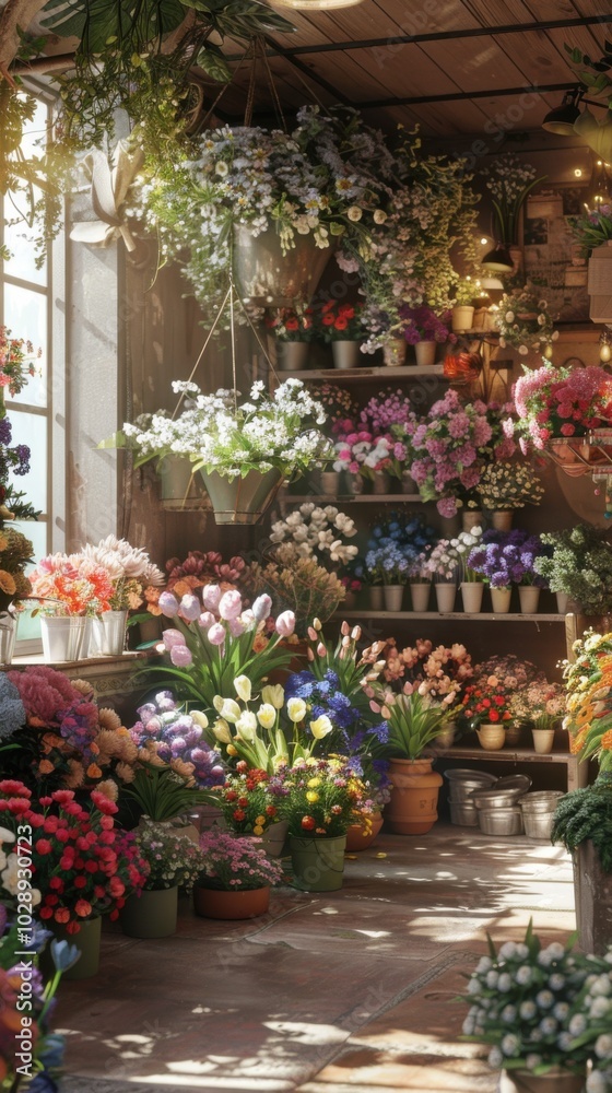 Fototapeta premium Charming flower shop with bouquets and potted plants, 4K hyperrealistic photo