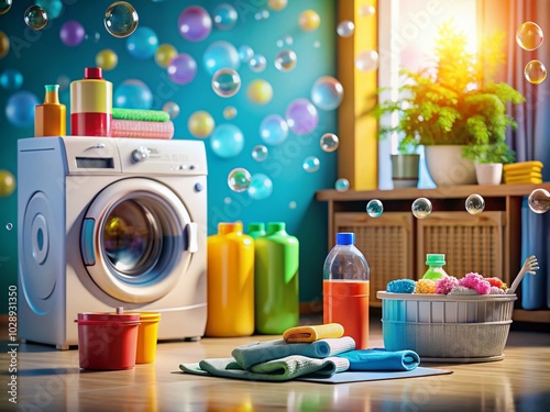 Front-Loading Washing Machine with Soap Bubbles - Laundry Service Poster Design photo