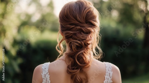 Close-up on the loose, wavy hairstyle of a beautiful bride, with soft curls cascading down her back, giving a romantic and relaxed vibe for her wedding day.