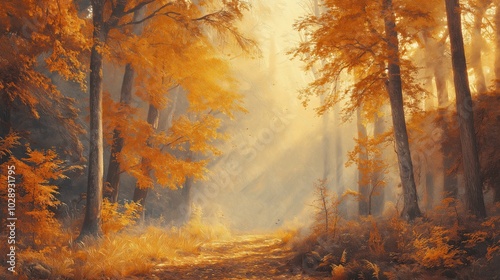 Misty autumn morning in the woods, with a golden glow filtering through the orange and yellow leaves photo