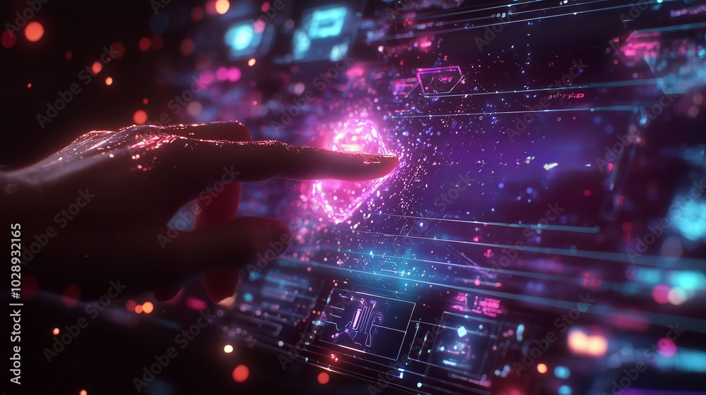 Futuristic Hand Touching Holographic Interface Futuristic Hand Touching Holographic Interface