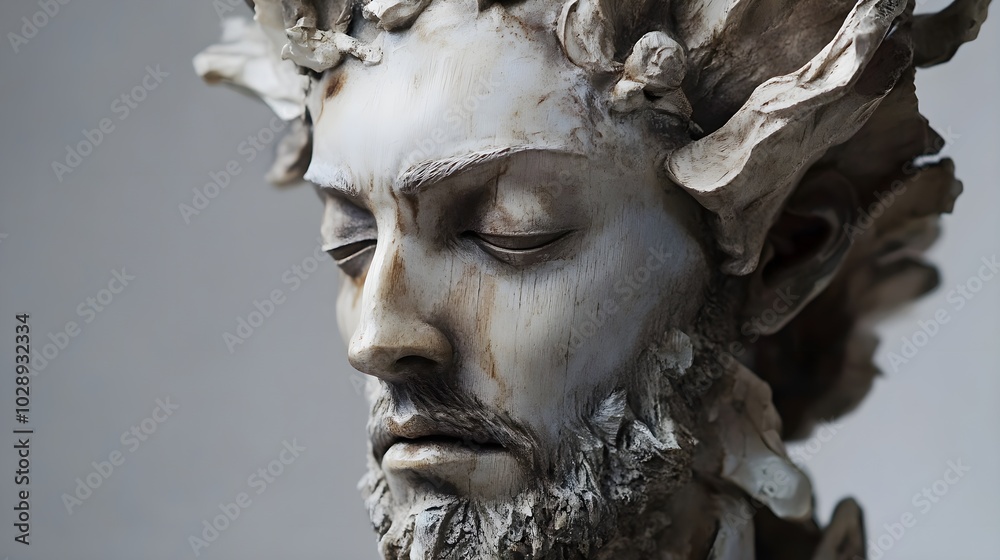 A Roman style sculptural portrait, aged by time, of a man with a beard and tousled hair. Classics, art, sculpture, legends, myths A Roman style sculptural portrait, aged by time, of a man with a beard and tousled hair. Classics, art, sculpture, legends, myths