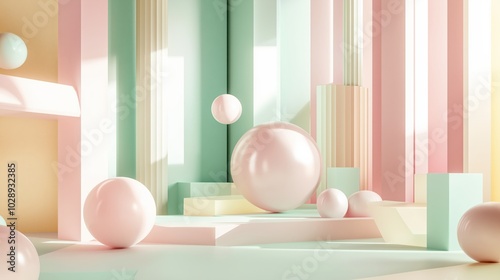 Geometric 3D abstract scene with smooth pastel-colored shapes, including spheres, cylinders, and blocks photo