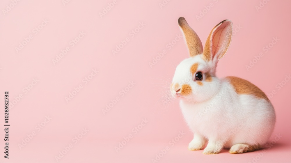 Stock minimalist photography of a rabbit with floppy ears, standing on a pastel pink background under soft studio lighting for a gentle, sweet appearance Stock minimalist photography of a rabbit with floppy ears, standing on a pastel pink background under soft studio lighting for a gentle, sweet appearance