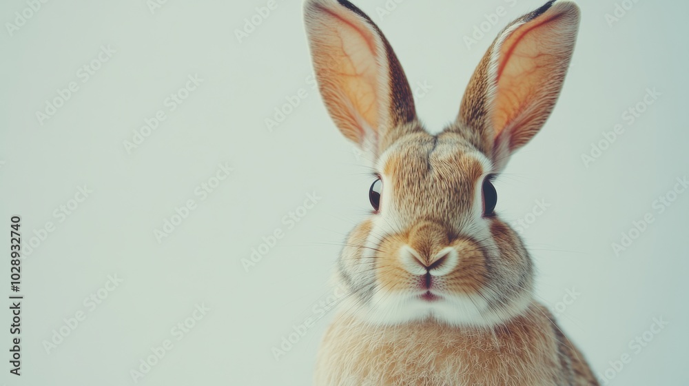 Obraz premium Stock minimalist photography of a curious rabbit with large ears, sitting against a minimalist white background with bright, even lighting