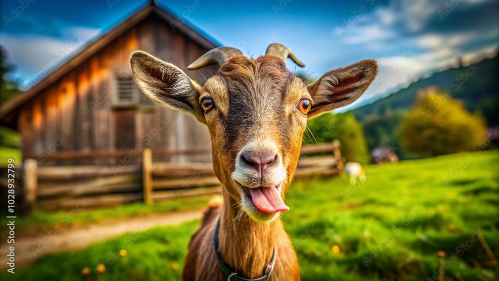 Fototapeta premium Funny Brown Farm Goat Sticking Out Tongue - Tilt-Shift Photography for Cute Animal Lovers