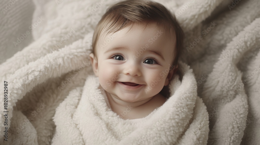 Portrait of a smiling baby boy wrapped in a soft, white furry blanket, exuding happiness after a bath. The adorable Portrait of a smiling baby boy wrapped in a soft, white furry blanket, exuding happiness after a bath. The adorable