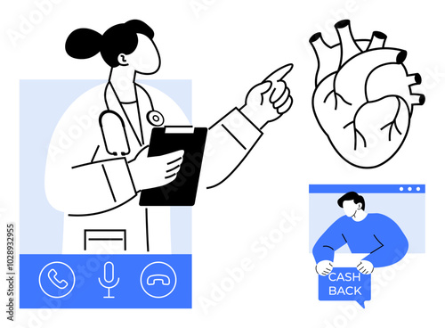 A doctor with a clipboard points towards a heart diagram, accompanied by icons for communication. A person holding a cash back sign is also seen. Ideal for healthcare, medical services, financial