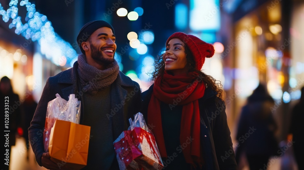 A cheerful couple walks hand in hand through a bustling city street during winter evening, carrying shopping bags and sharing laughter. The festive atmosphere is enhanced by colorful lights. A cheerful couple walks hand in hand through a bustling city street during winter evening, carrying shopping bags and sharing laughter. The festive atmosphere is enhanced by colorful lights.