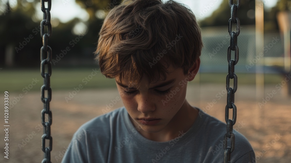 Stock minimalist photograph of a teenage boy sitting alone on a swing, looking down at the ground with a disappointed expression, an empty playground softly blurred in the background Stock minimalist photograph of a teenage boy sitting alone on a swing, looking down at the ground with a disappointed expression, an empty playground softly blurred in the background
