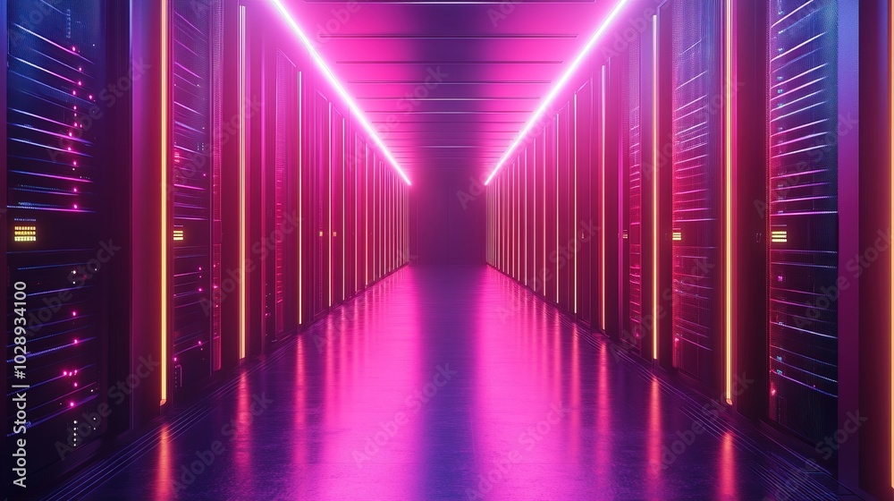 Futuristic server room corridor with glowing neon lights and sleek metallic walls Futuristic server room corridor with glowing neon lights and sleek metallic walls
