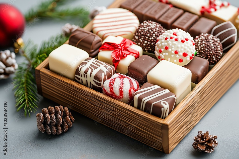 Indulgent assortment of festive chocolates in a wooden box, perfect for celebrations and holiday gifting. Indulgent assortment of festive chocolates in a wooden box, perfect for celebrations and holiday gifting.