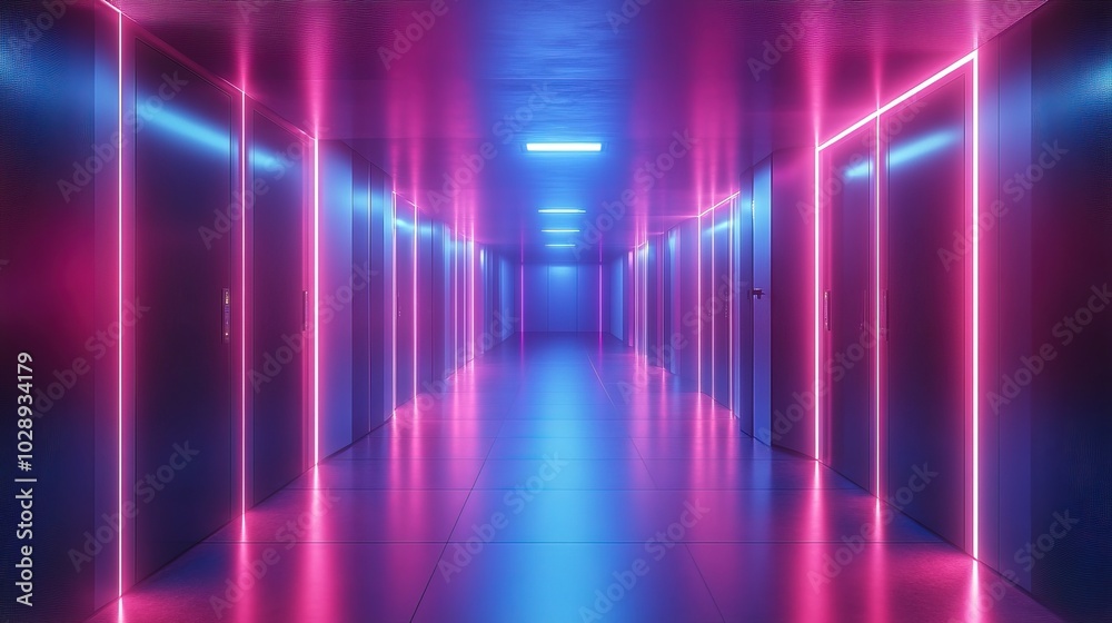 Futuristic server room corridor with glowing neon lights and sleek metallic walls Futuristic server room corridor with glowing neon lights and sleek metallic walls