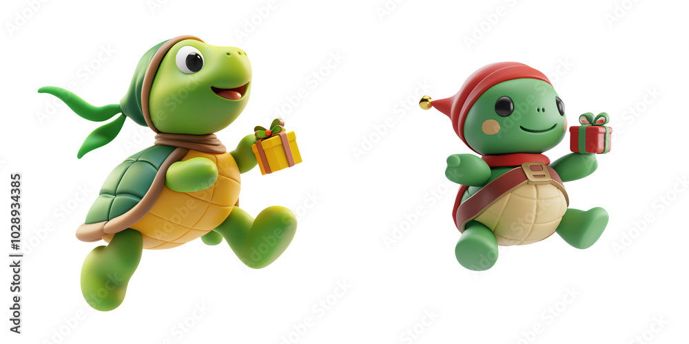 Obraz premium Two cheerful cartoon turtles holding gifts, celebrating festive occasion with joy and excitement. Their playful expressions add to festive spirit