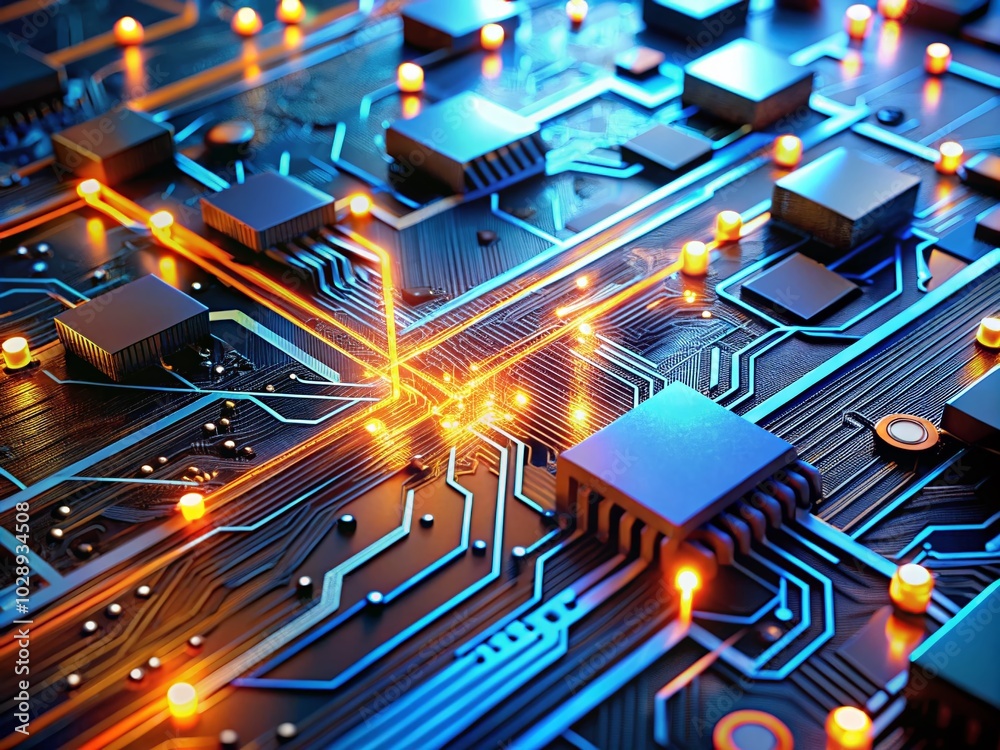 Futuristic Blue and Orange Circuit Board - High-Tech Data Transmission and Digital Networks